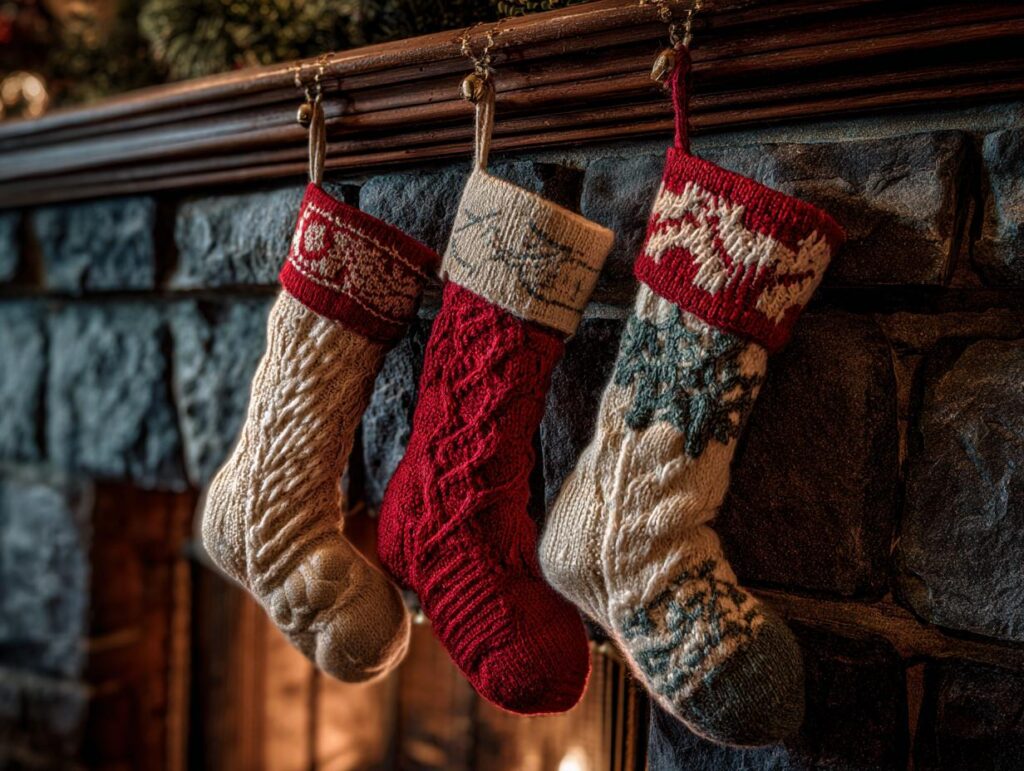 Three knitted Christmas stockings hanging from a fireplace mantel using DIY stocking hangers.