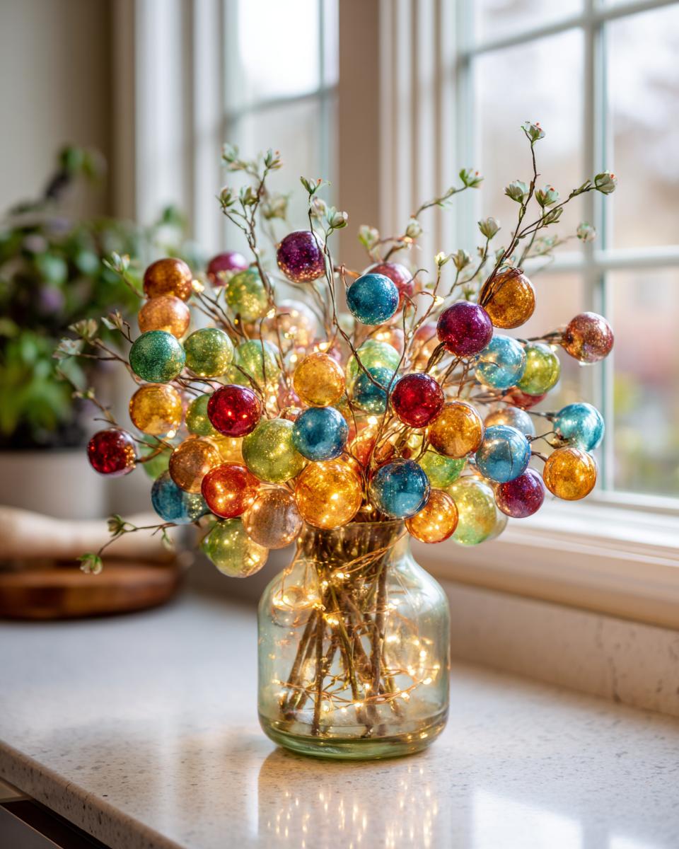 A vase filled with colorful, glittery orb lights and fairy lights, showcasing Dollar Store Christmas Decor Hacks.