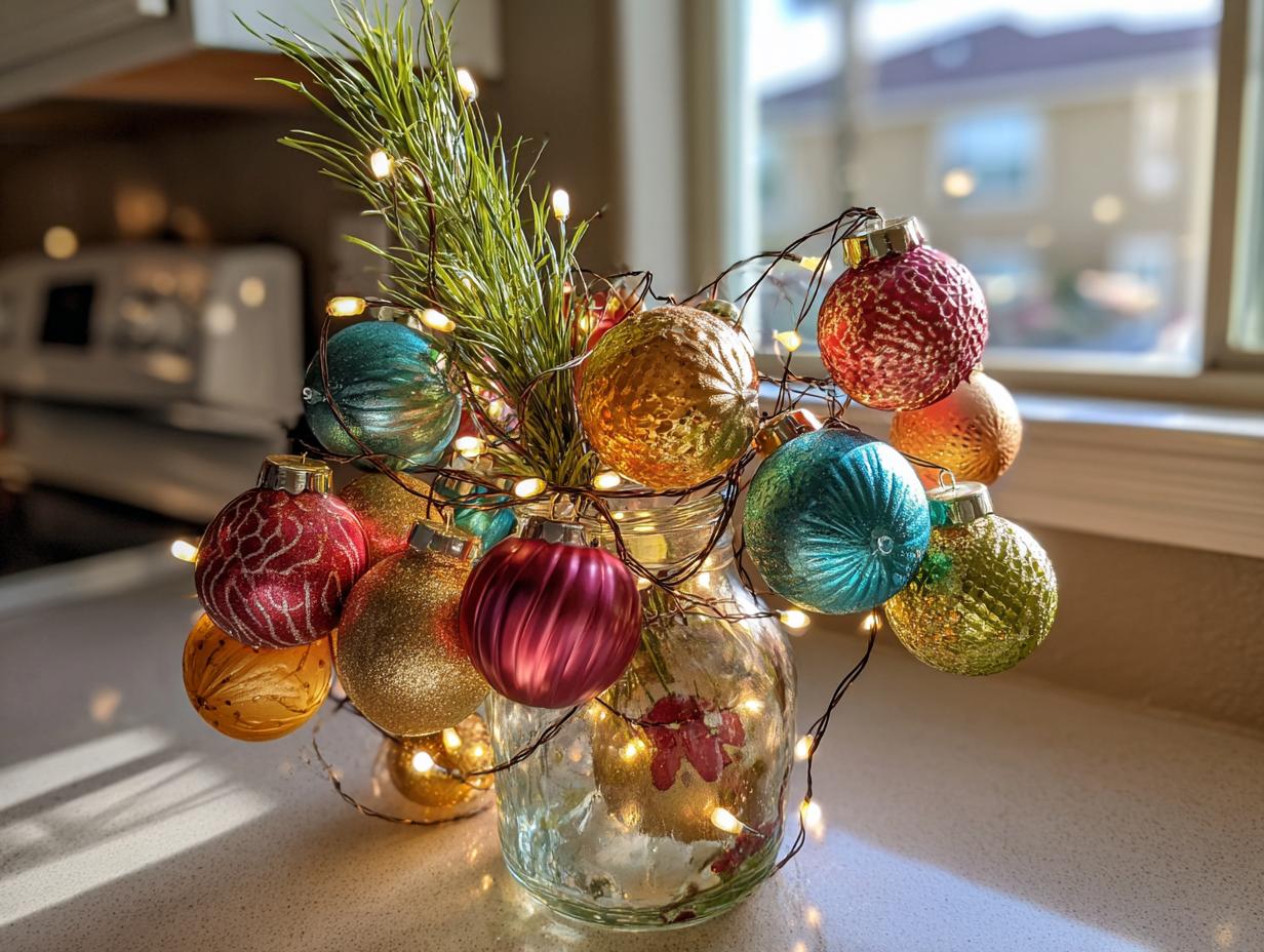 A mason jar filled with colorful Christmas ornaments and fairy lights, showcasing Dollar Store Christmas Decor Hacks.