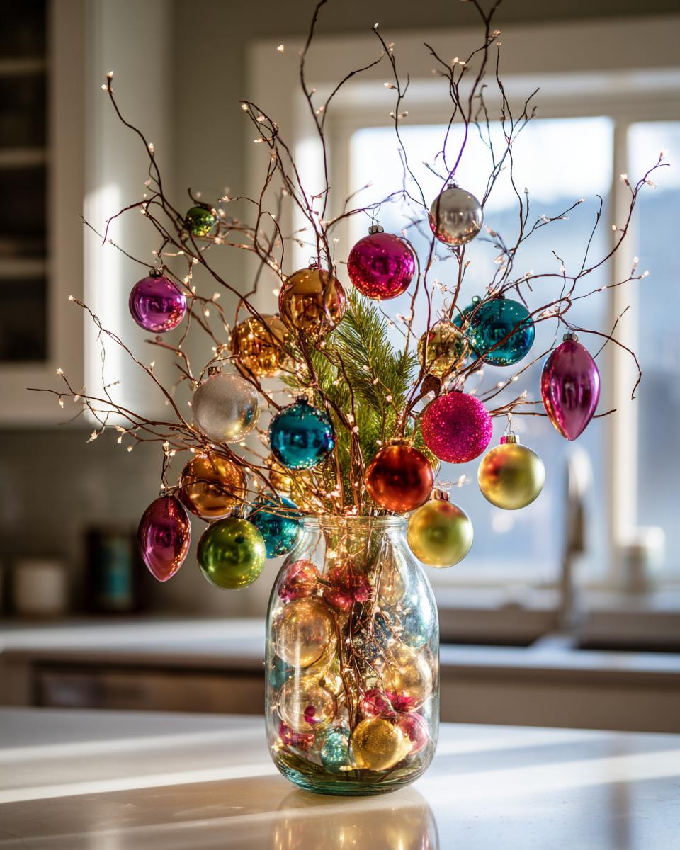 A festive Christmas tree made of branches, adorned with colorful ornaments and fairy lights, in a glass vase. Dollar Store Christmas Decor Hack.