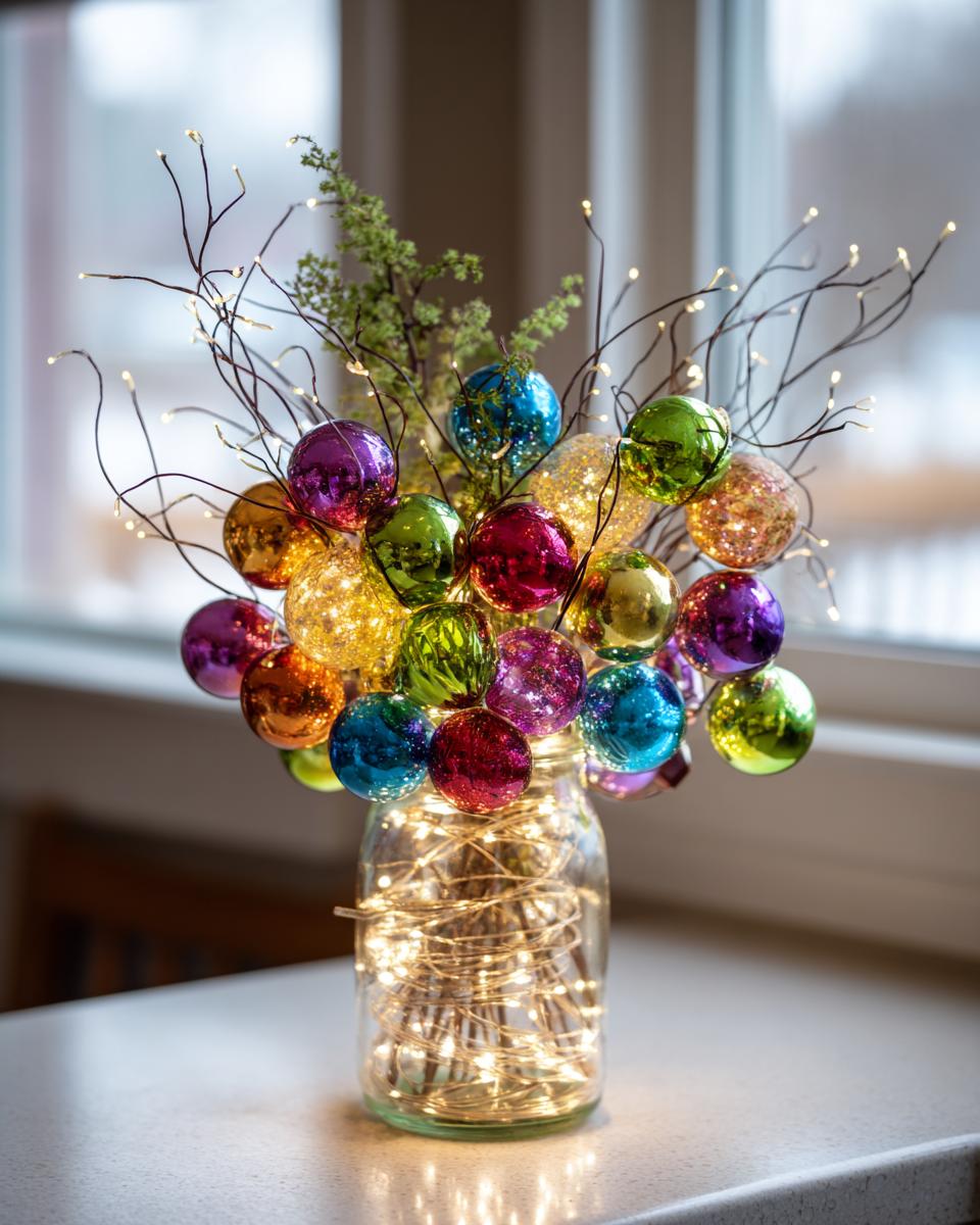 A clear glass jar filled with fairy lights and decorated with colorful Christmas ornaments and branches, showcasing Dollar Store Christmas Decor Hacks.