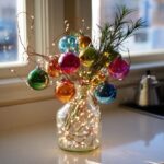 A glass vase filled with fairy lights, branches, and colorful Christmas ornaments, a festive Dollar Store Christmas Decor Hack.