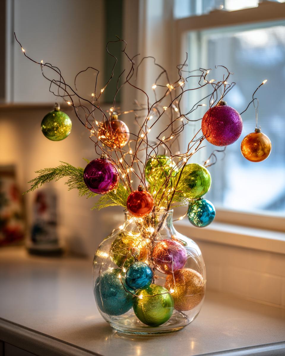 A clear glass vase filled with colorful Christmas ornaments and twinkling fairy lights, decorated with branches.