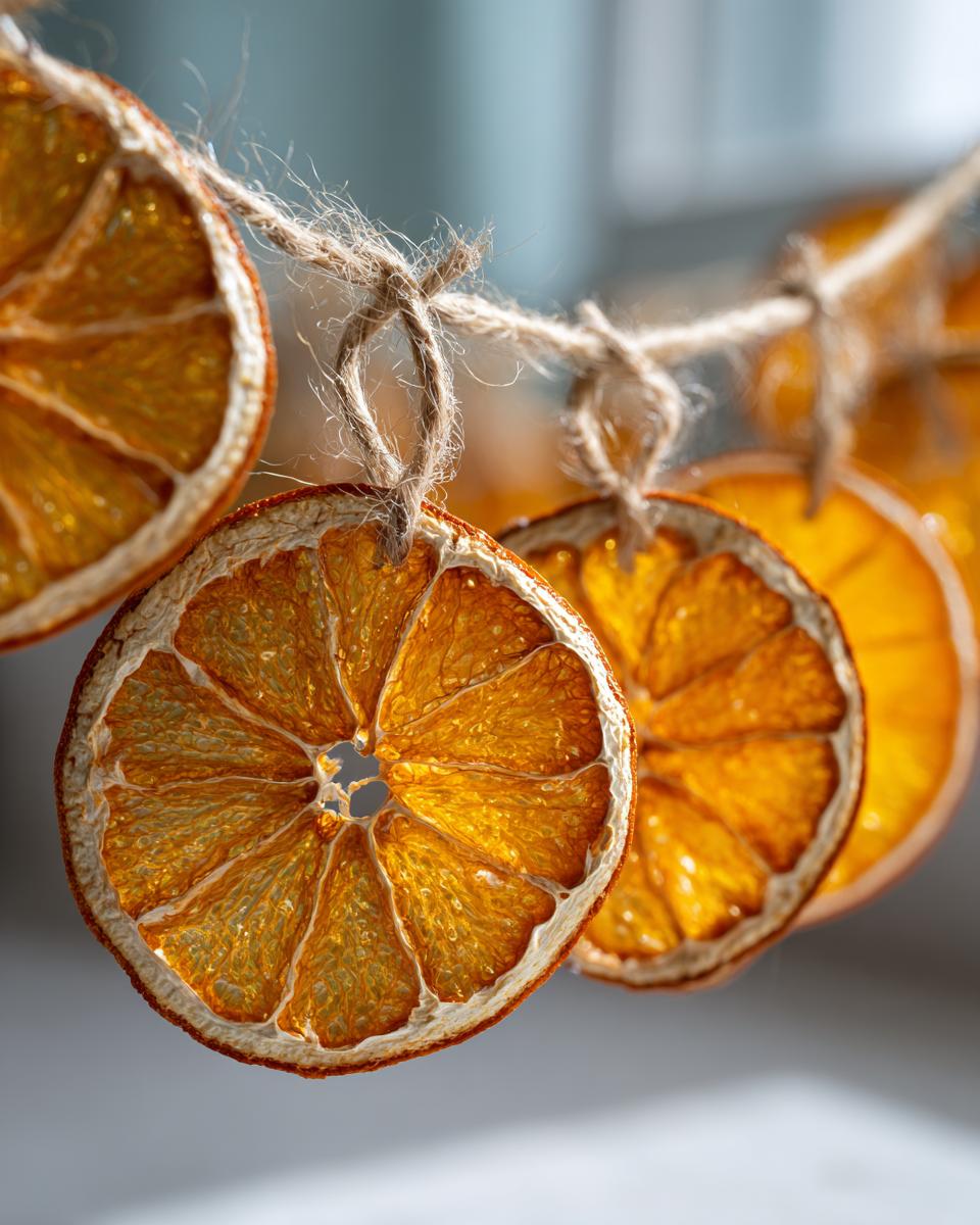 Close-up of dried orange slices strung together to make a garland, backlit to show their translucence.