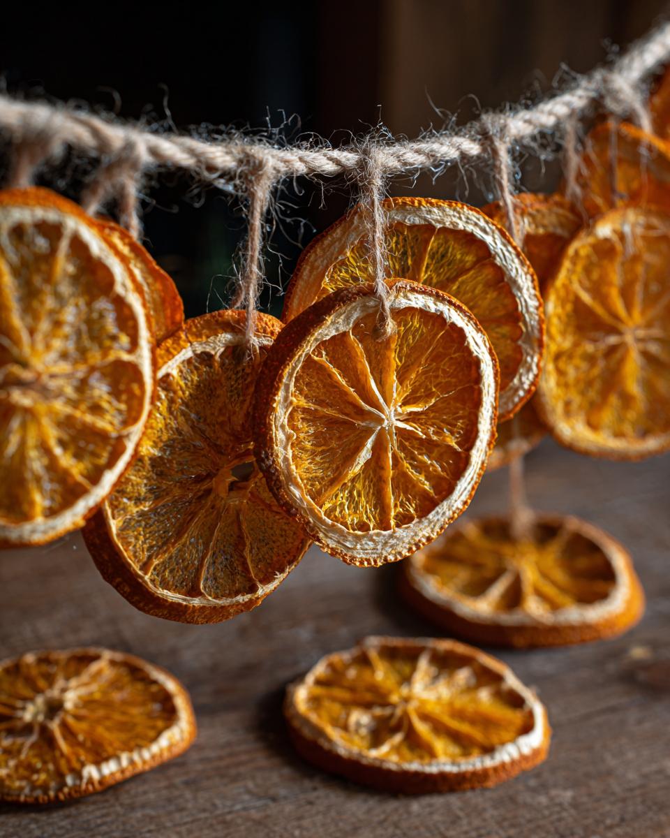 Close-up of dried orange slices strung on twine, showcasing the intricate patterns of the fruit.