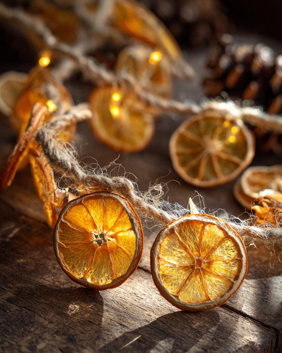 Close-up of a rustic dried orange garland with small lights on a wooden surface.