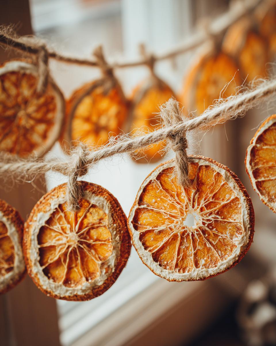 Close-up of dried orange slices strung together with twine to make a garland.