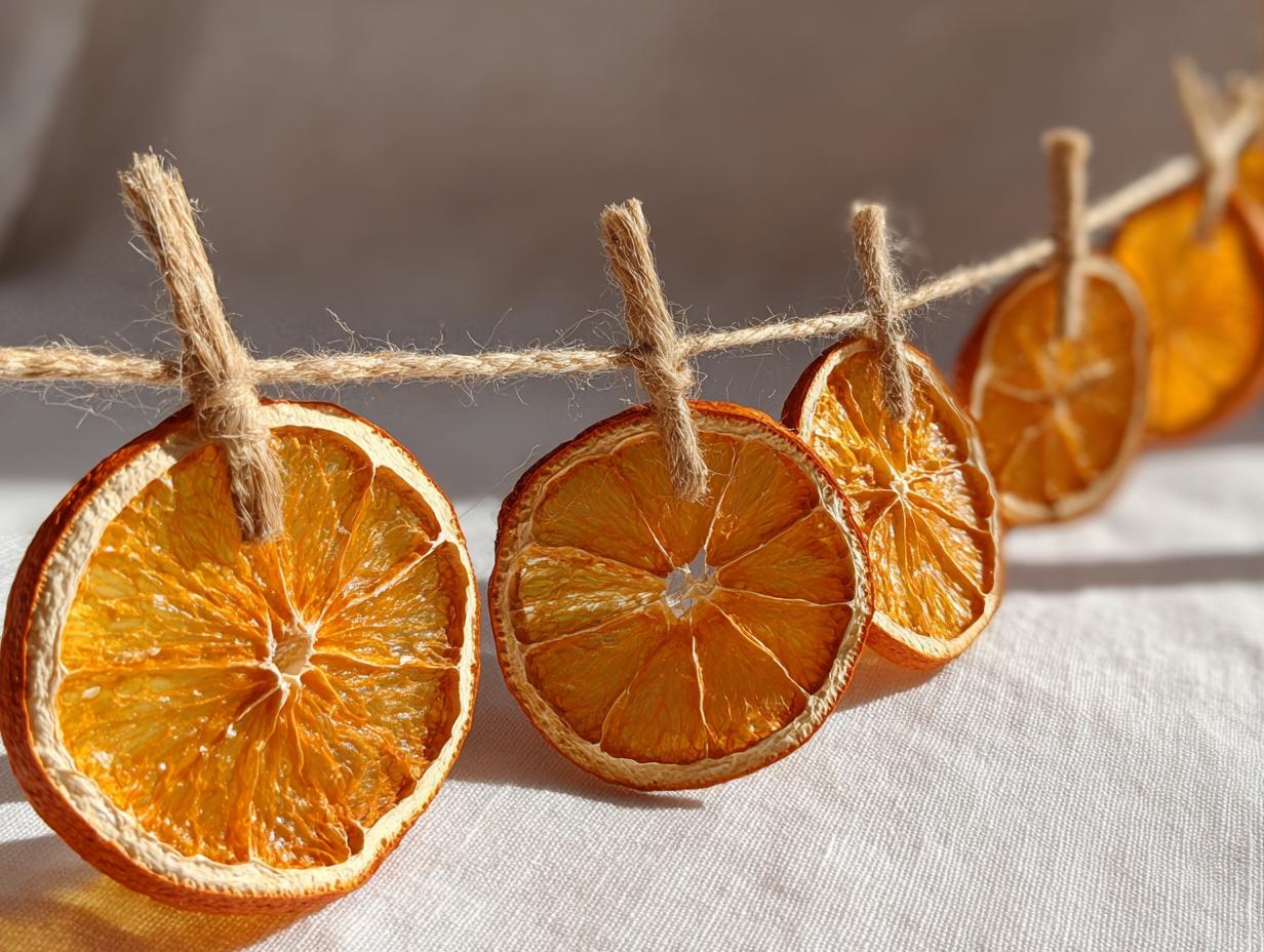 Close-up of dried orange slices strung on twine, showcasing their vibrant color and texture. Perfect for DIY dried orange garland.