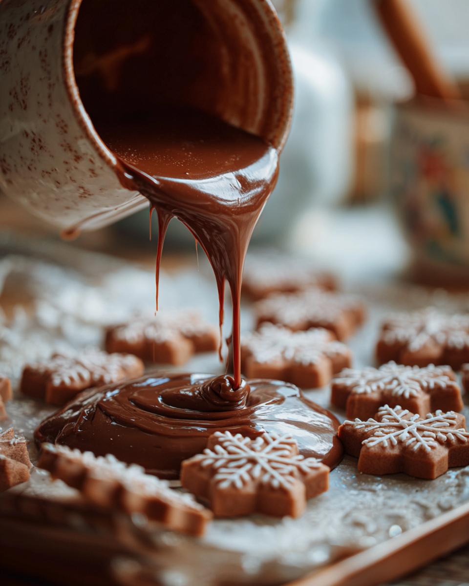 Close-up of snowflake-shaped Easy 3-Ingredient Christmas Cookies being drizzled with melted chocolate.