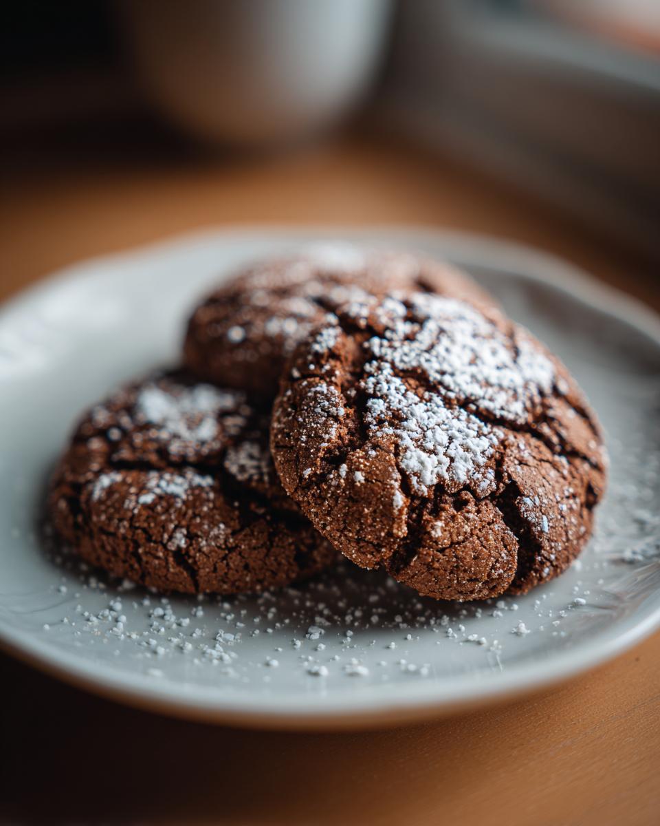 Close-up of three Easy 3-Ingredient Christmas Cookies dusted with powdered sugar on a plate.