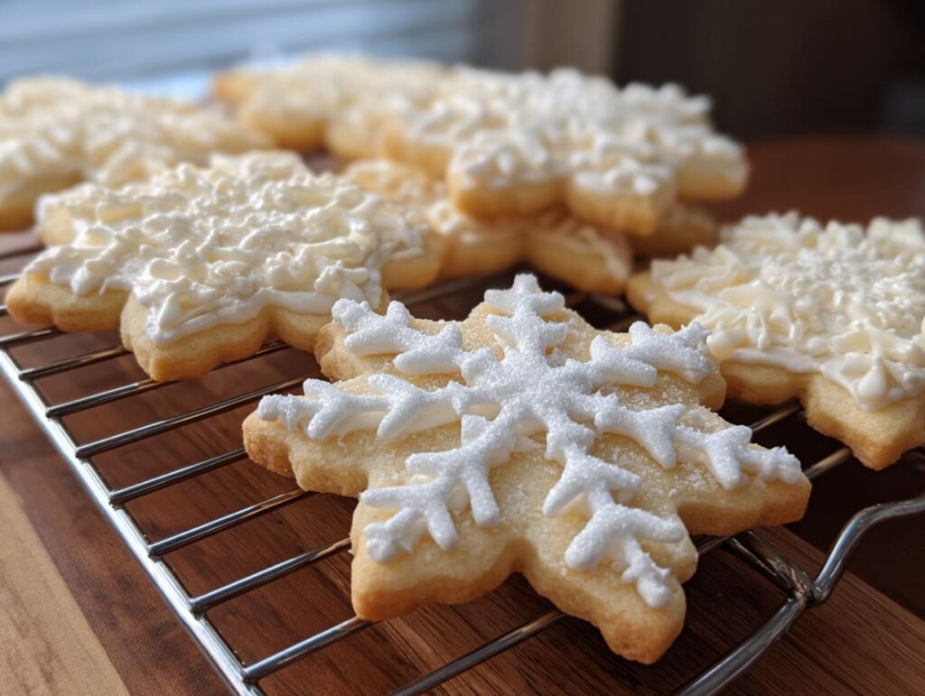 Close-up of Easy 3-Ingredient Christmas Cookies decorated as snowflakes with white icing.
