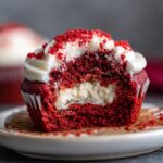 A close-up of an Easy Crumbl Red Velvet Cupcake Cookie, showing the rich red cake, creamy white filling, and frosting with red crumbs.