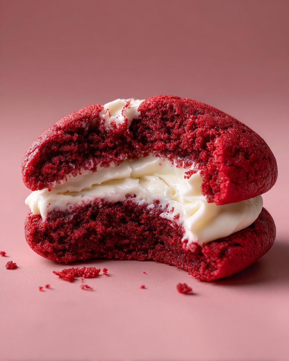 A close-up of an Easy Crumbl Red Velvet Cupcake Cookie, showing the rich red cake-like cookie and creamy white frosting.