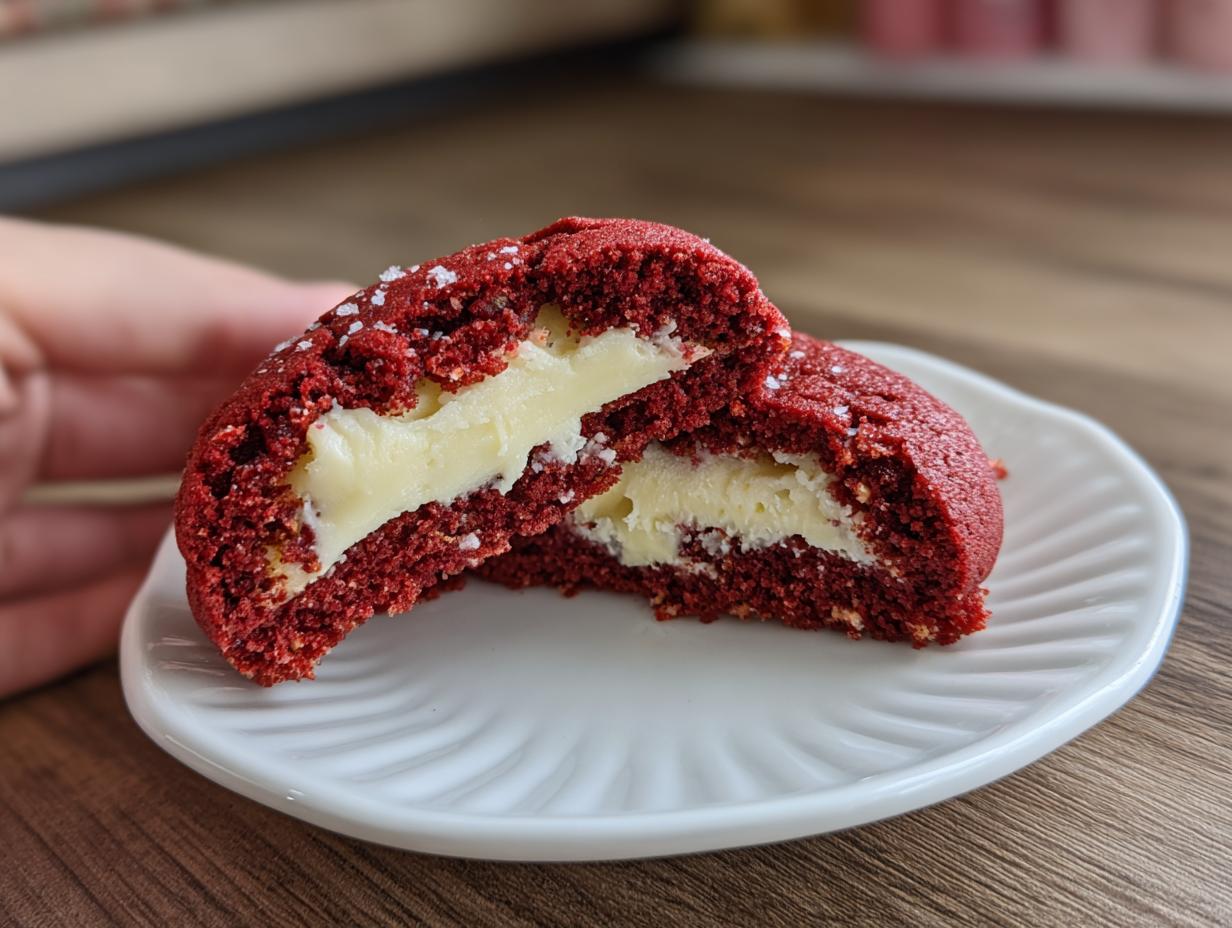 A close-up of an Easy Crumbl Red Velvet Cupcake Cookie, split in half to reveal a creamy white filling.