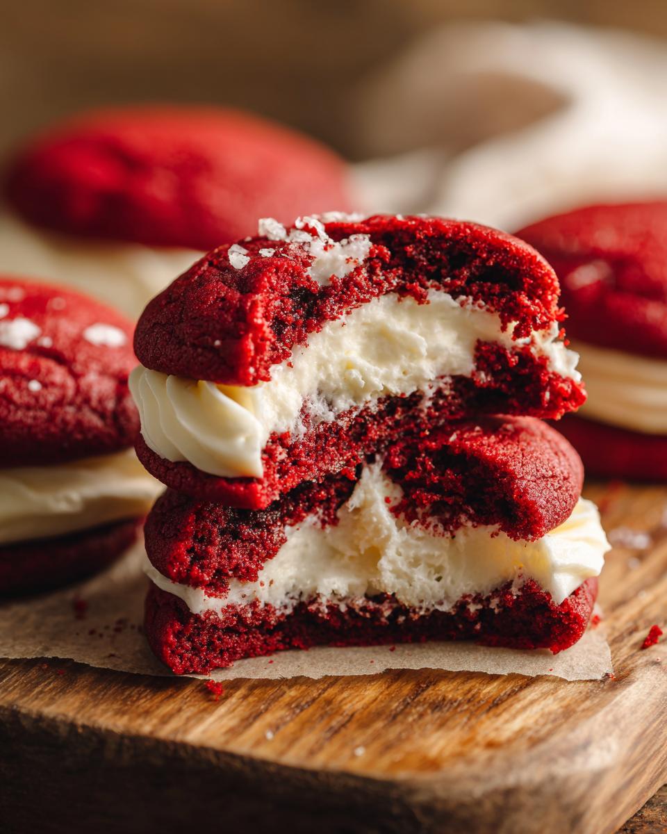 A close-up of two Easy Crumbl Red Velvet Cupcake Cookies stacked, revealing a creamy white filling and red cookie layers.