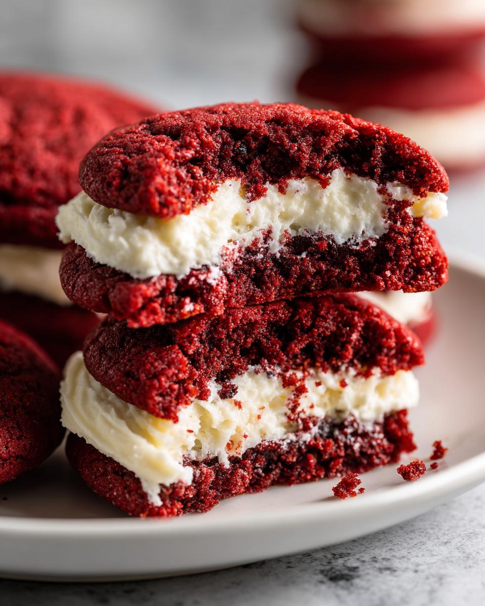 A stack of two Easy Crumbl Red Velvet Cupcake Cookies filled with creamy white frosting.
