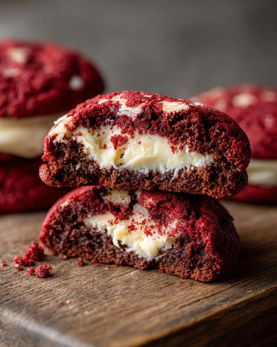 A close-up of two Easy Crumbl Red Velvet Cupcake Cookies stacked, showing the rich red cookie and creamy white filling.