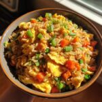 A bowl of Easy Veggie Fried Rice with Egg, featuring carrots, peas, and scrambled egg.