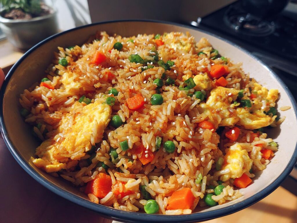 A bowl of Easy Veggie Fried Rice with Egg, featuring carrots, peas, and scrambled egg.