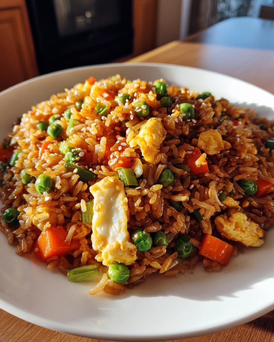 A plate of Easy Veggie Fried Rice with Egg, featuring rice, vegetables, and scrambled eggs.
