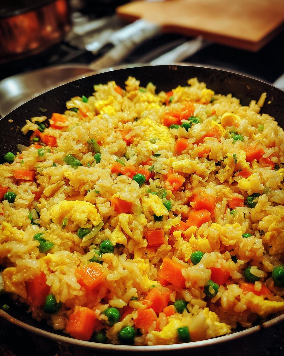 Close-up of Easy Veggie Fried Rice with Egg, featuring rice, carrots, peas, and scrambled egg.