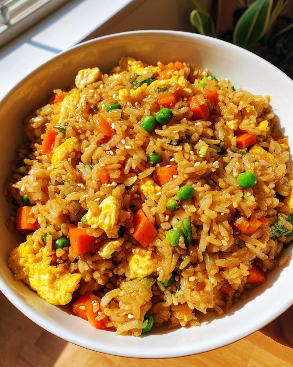 Close-up of a bowl of Easy Veggie Fried Rice with Egg, with carrots, peas, and egg.