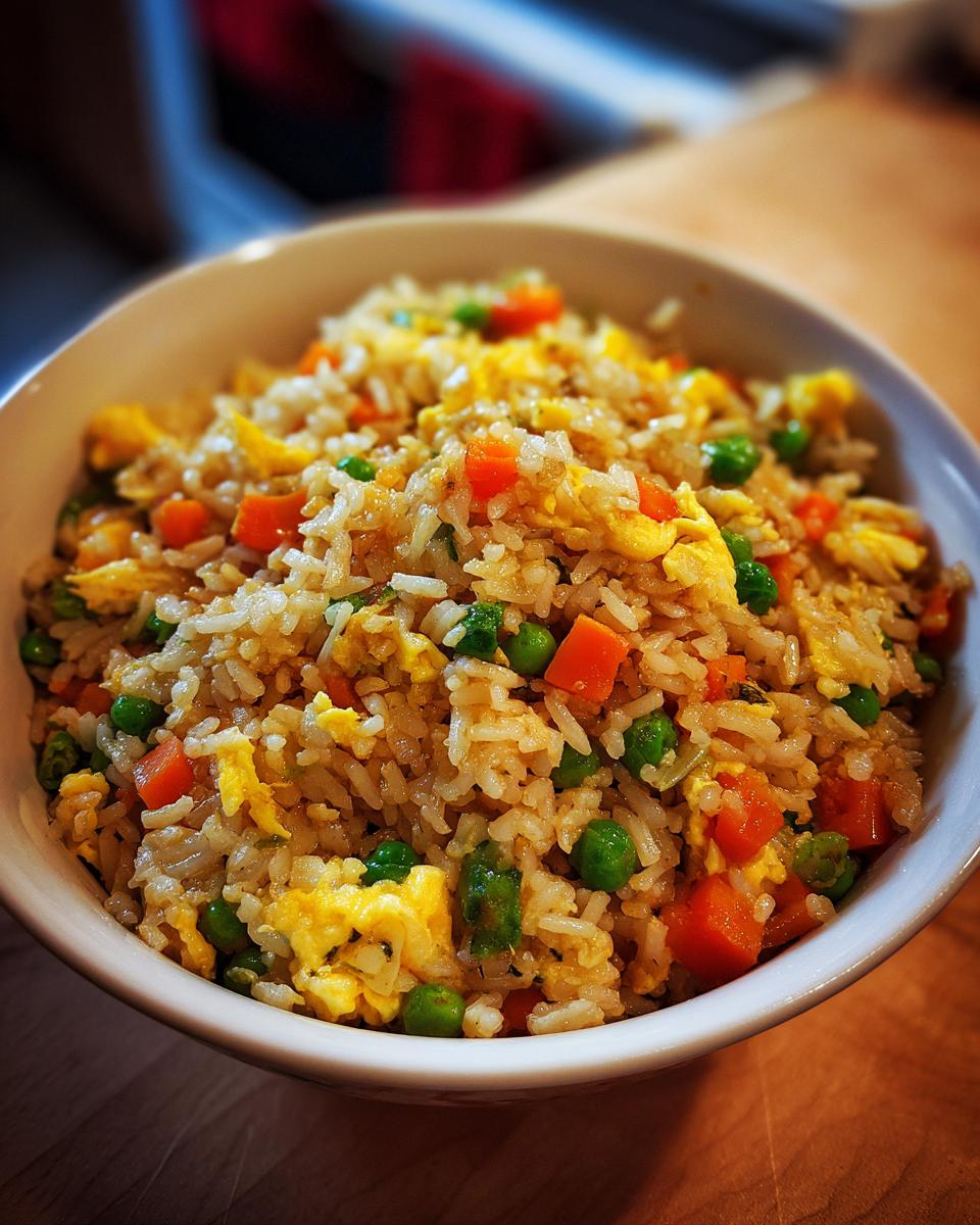 A bowl of Easy Veggie Fried Rice with Egg, featuring rice, vegetables, and scrambled egg.