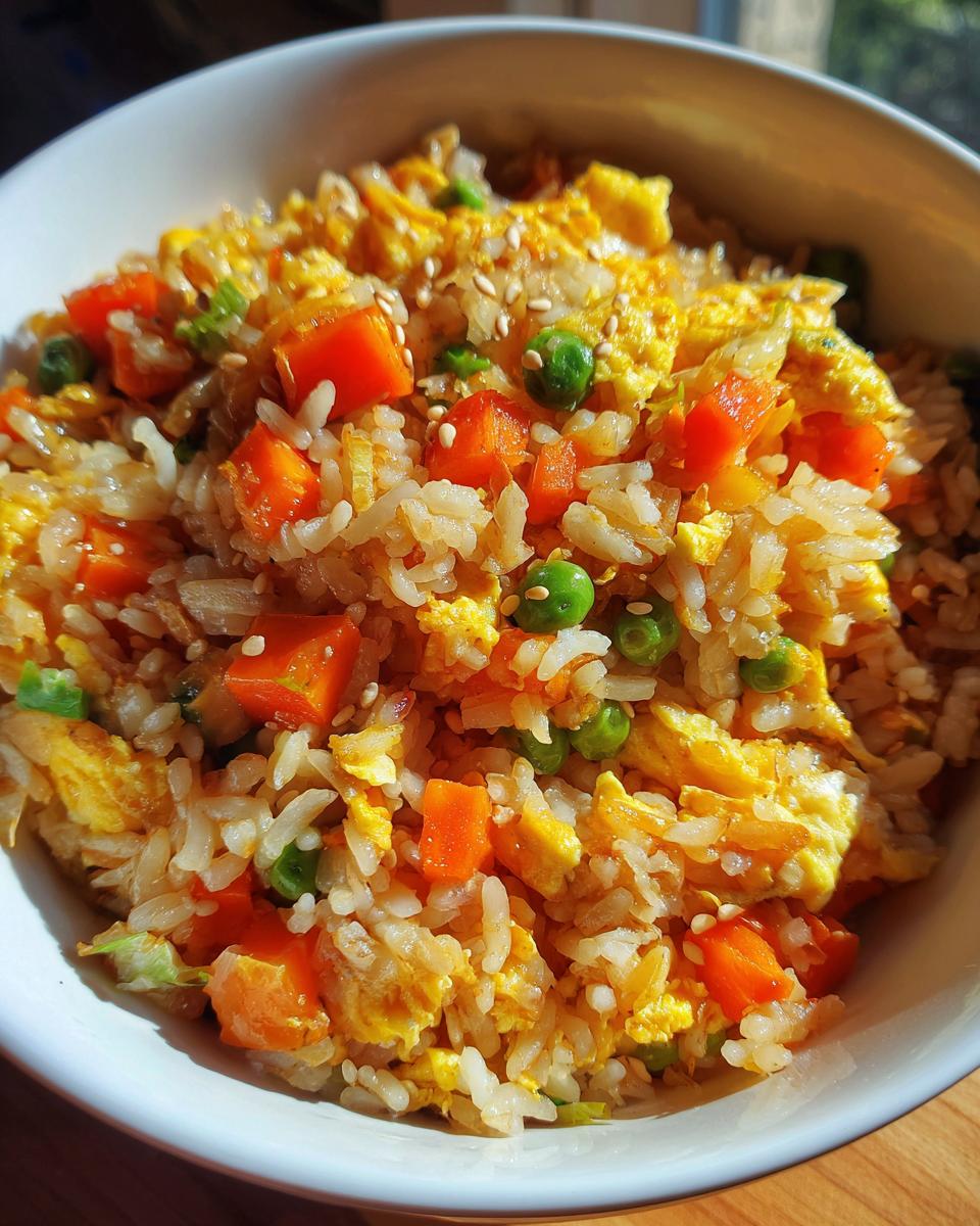 Close-up of a bowl of Easy Veggie Fried Rice with Egg, with carrots, peas, and egg.