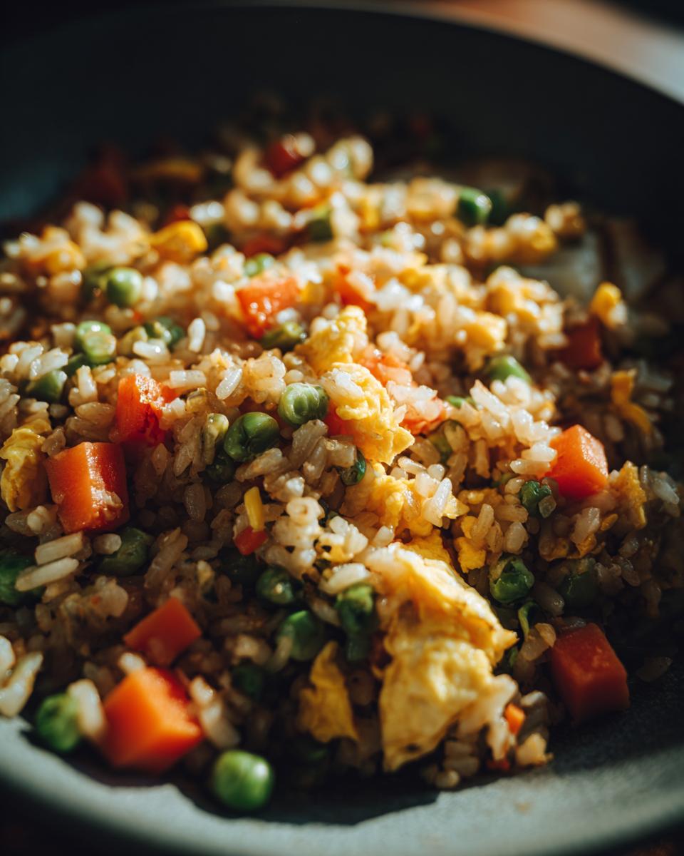 Close-up of Easy Veggie Fried Rice with Egg, with peas, carrots, and scrambled egg.