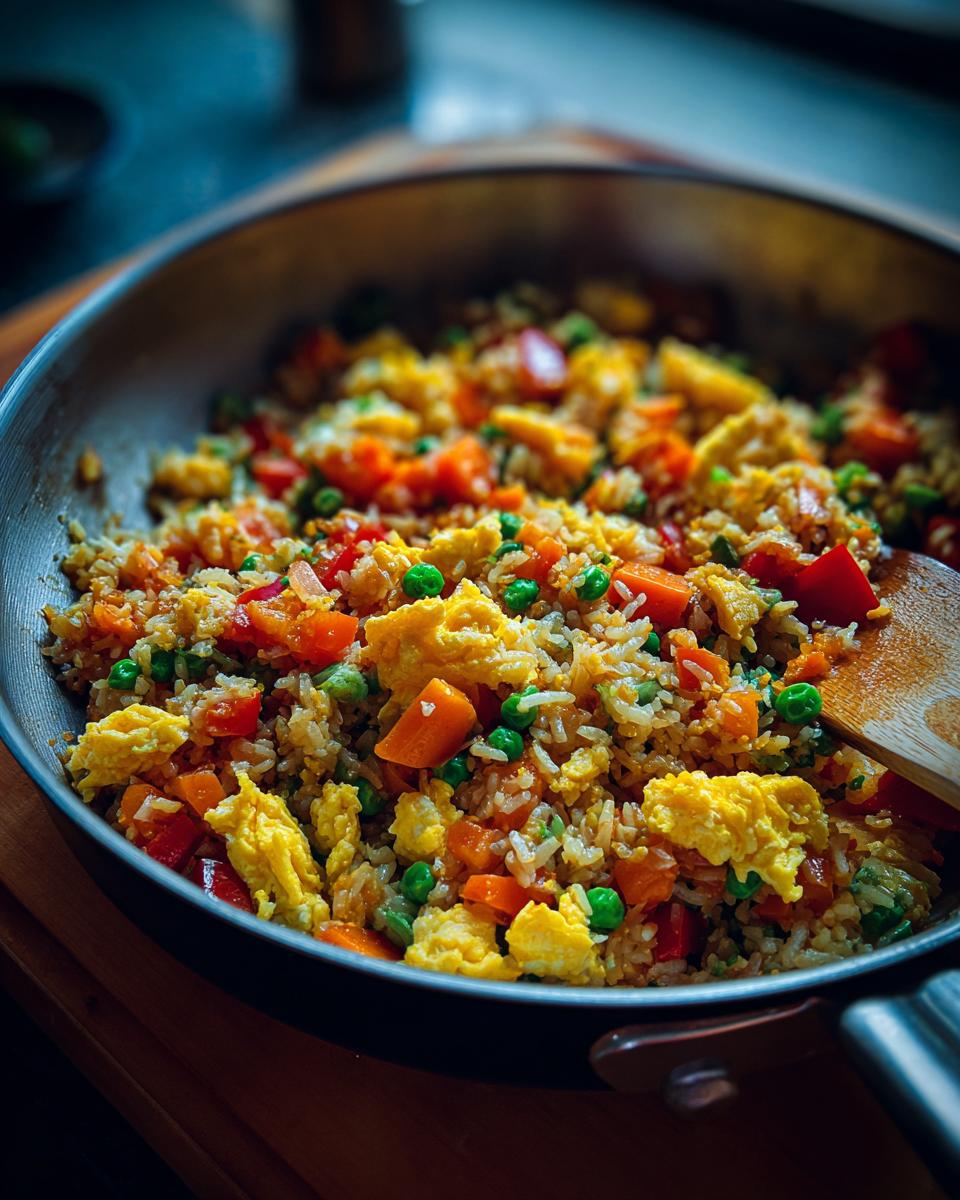 Close-up of Easy Veggie Fried Rice with Egg in a pan, with visible vegetables and scrambled egg.