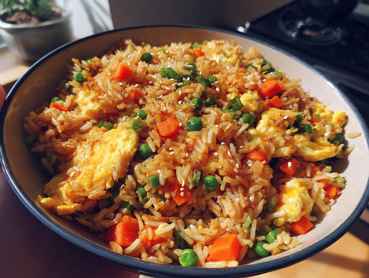 A bowl of Easy Veggie Fried Rice with Egg, featuring carrots, peas, and scrambled egg.
