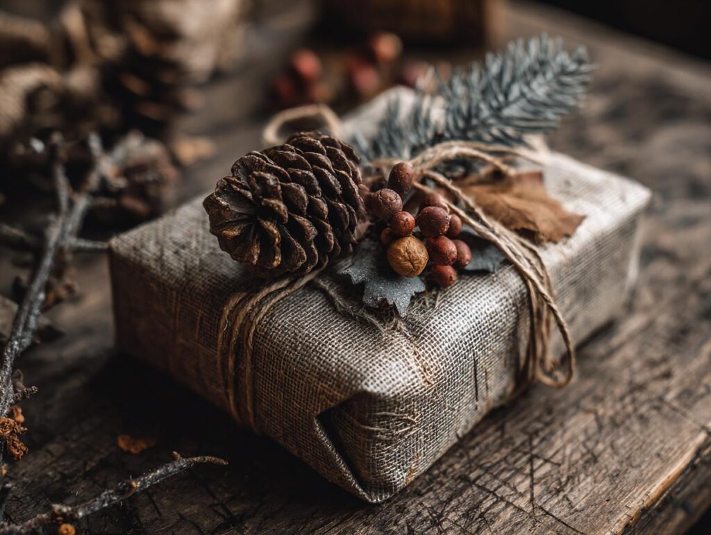 A gift wrapped in burlap with twine, decorated with a pinecone, berries, and a pine sprig. Eco-Friendly Gift Wrapping Ideas.