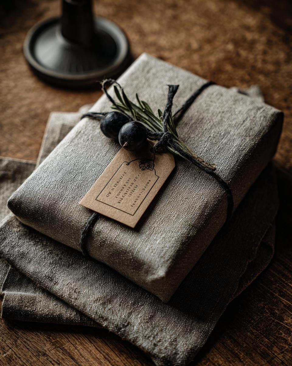A gift wrapped in natural fabric, tied with twine and decorated with rosemary and berries, showcasing eco-friendly gift wrapping ideas.