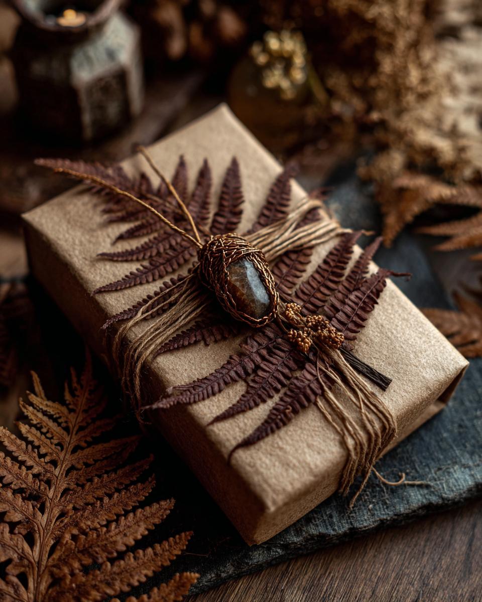 A gift wrapped in brown paper, adorned with dried ferns, twine, and a stone pendant, showcasing eco-friendly gift wrapping ideas.