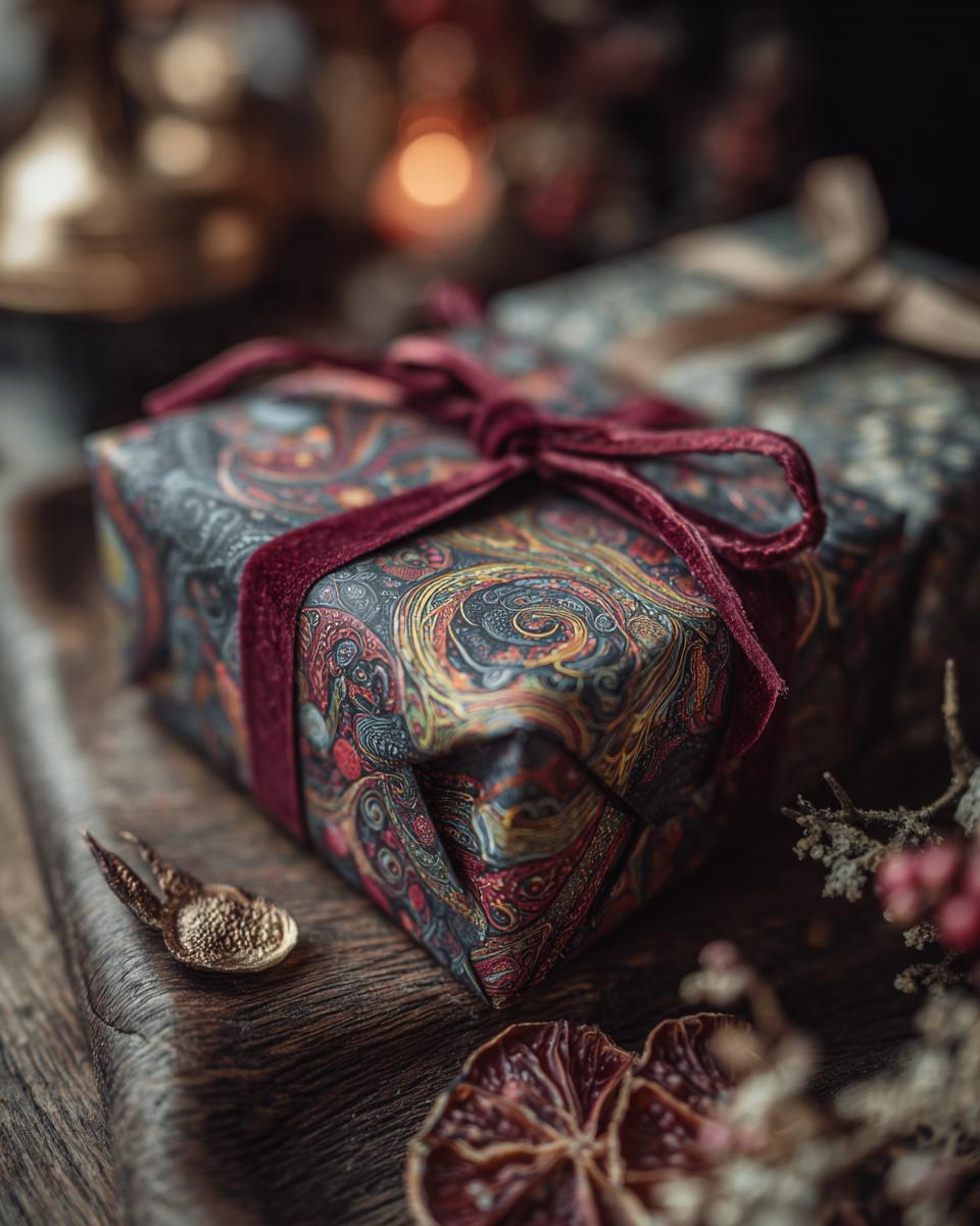 A beautifully wrapped gift with paisley patterned paper and a velvet ribbon, showcasing eco-friendly gift wrapping ideas.