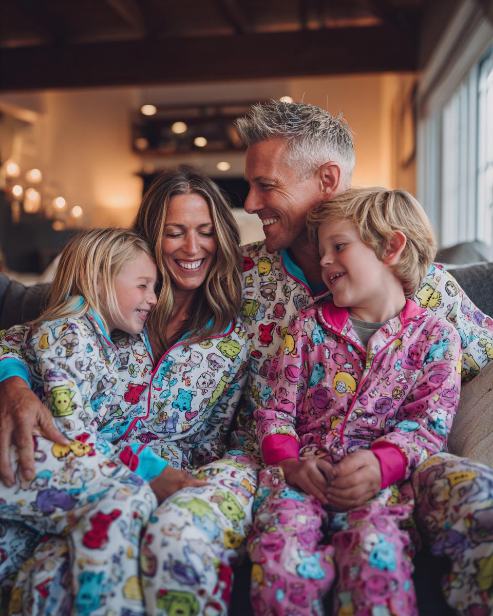 A happy family of four wearing matching cartoon-print pajamas, smiling and cuddling on a couch.