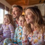 A smiling family of four, parents and two young children, wearing matching pajamas and looking off into the distance.