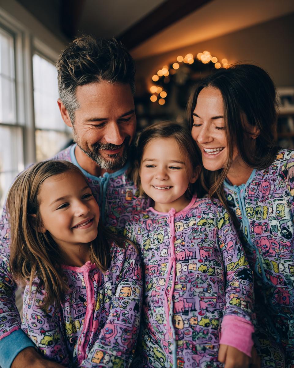 A happy family of four wearing matching purple pajamas with a cartoon print, smiling together. Family matching pajama photo ideas.