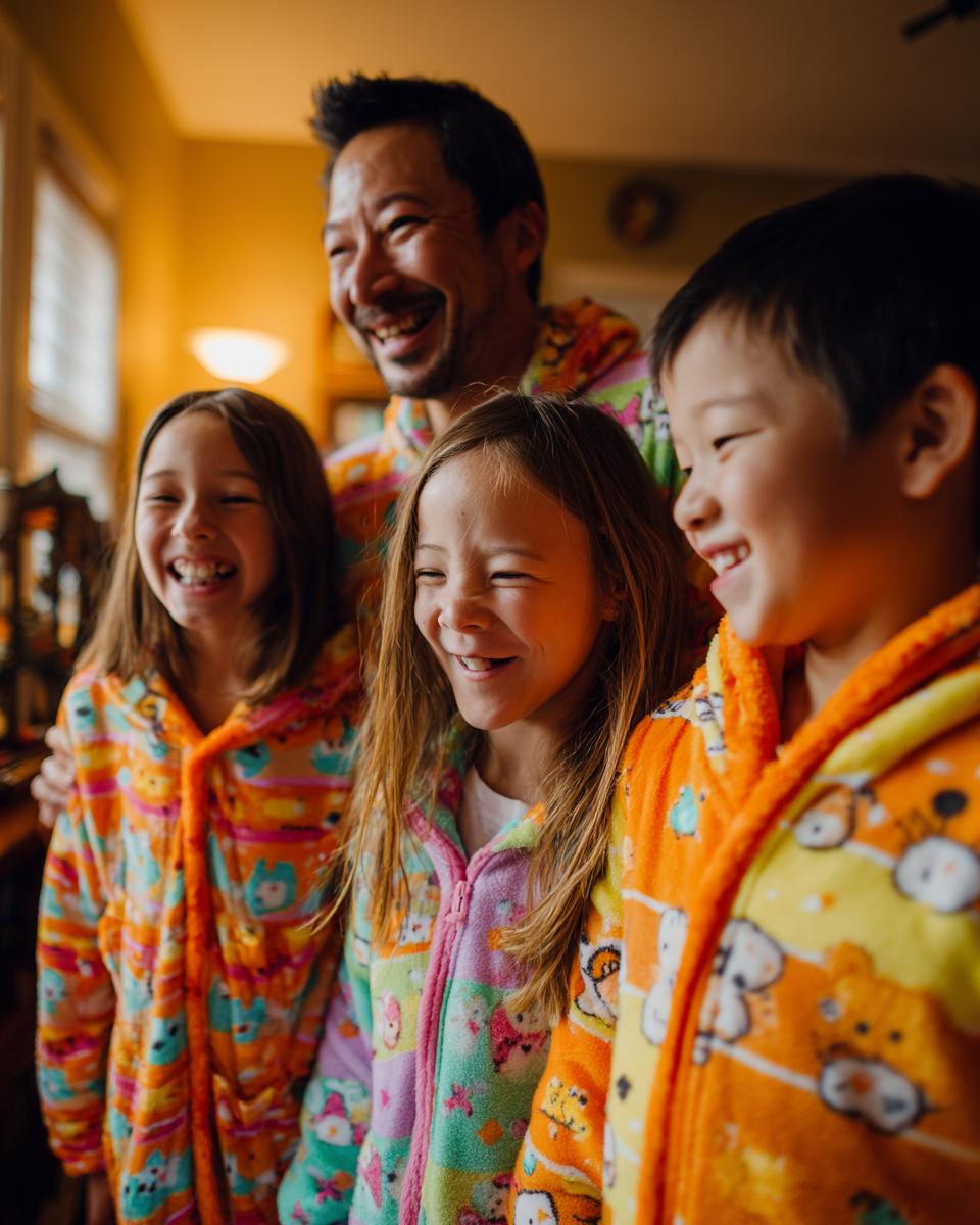 A father and his three children laughing together, all wearing colorful matching pajamas, showcasing family matching pajama photo ideas.