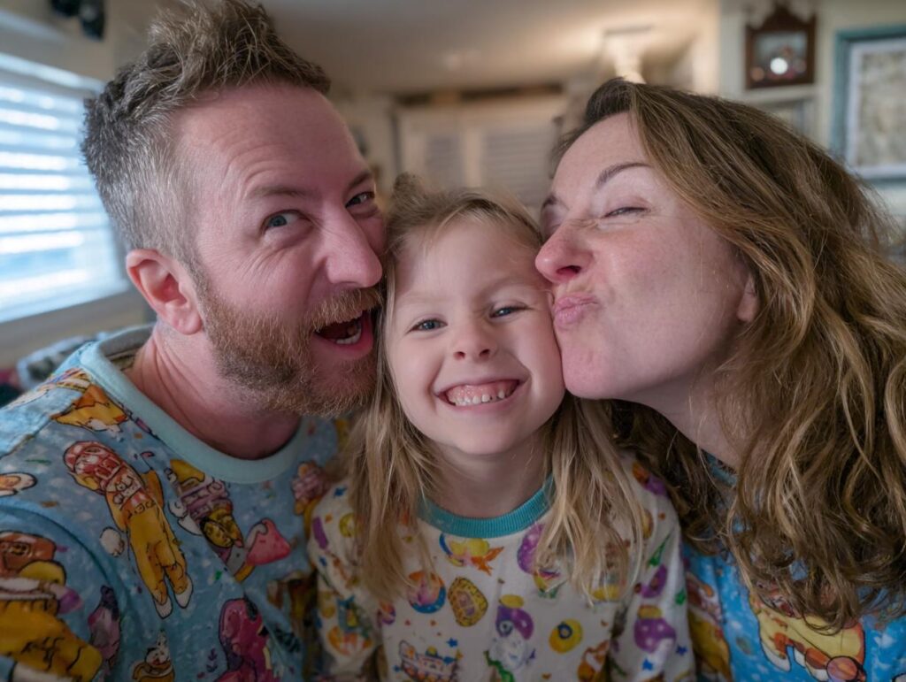 A happy family in matching pajamas, with the mom kissing the daughter's cheek and the dad making a funny face.
