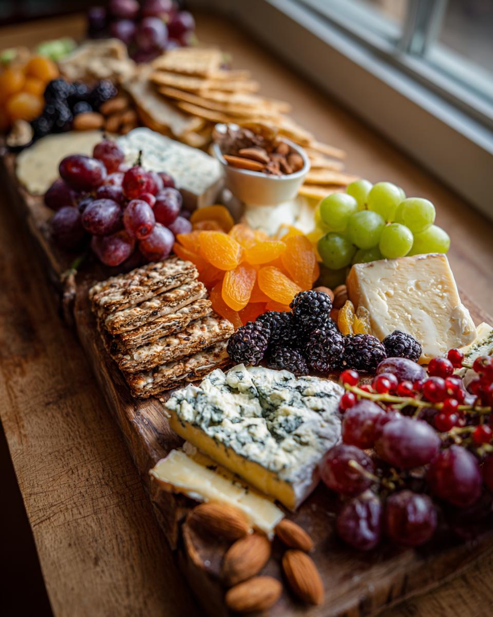 A beautifully arranged festive holiday cheese board featuring various cheeses, grapes, berries, dried apricots, nuts, and crackers.
