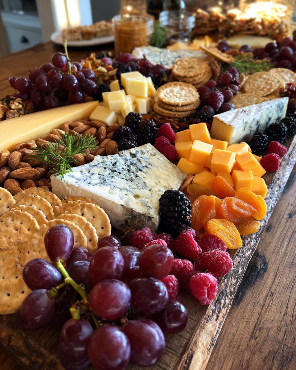A beautifully arranged festive holiday cheese board featuring various cheeses, grapes, berries, nuts, and crackers.