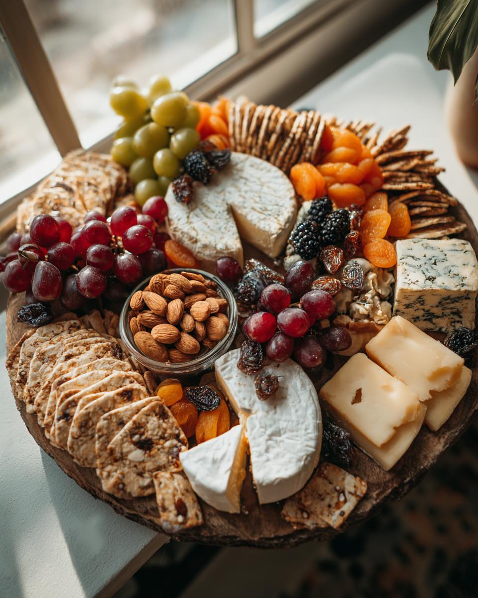 A beautiful and festive holiday cheese board featuring various cheeses, grapes, crackers, dried fruits, and nuts.