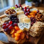 A beautifully arranged festive holiday cheese board featuring various cheeses, crackers, grapes, dried apricots, and nuts.