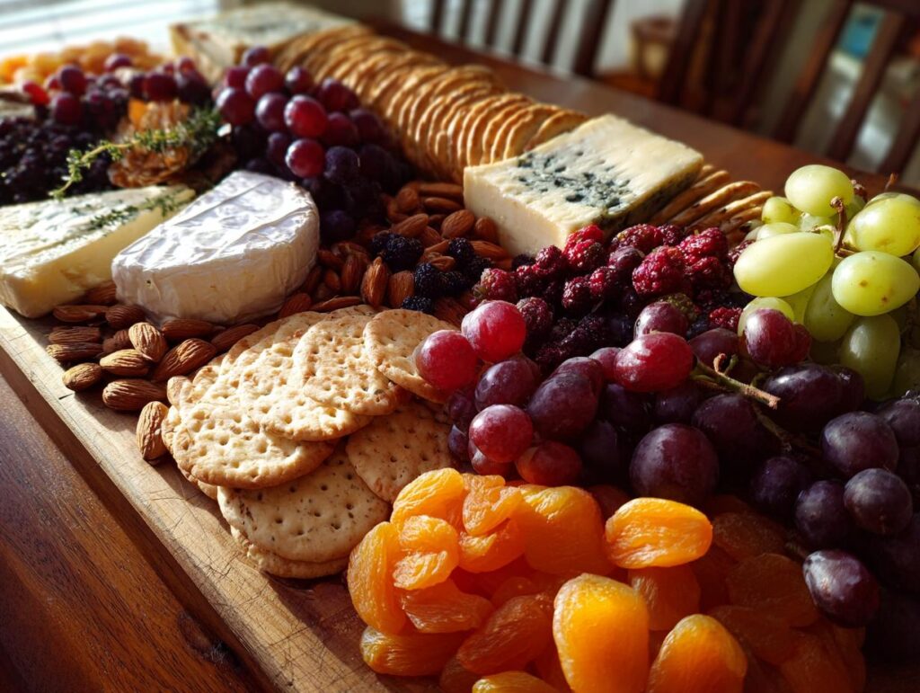 A festive holiday cheese board featuring assorted cheeses, grapes, berries, dried apricots, almonds, and crackers.