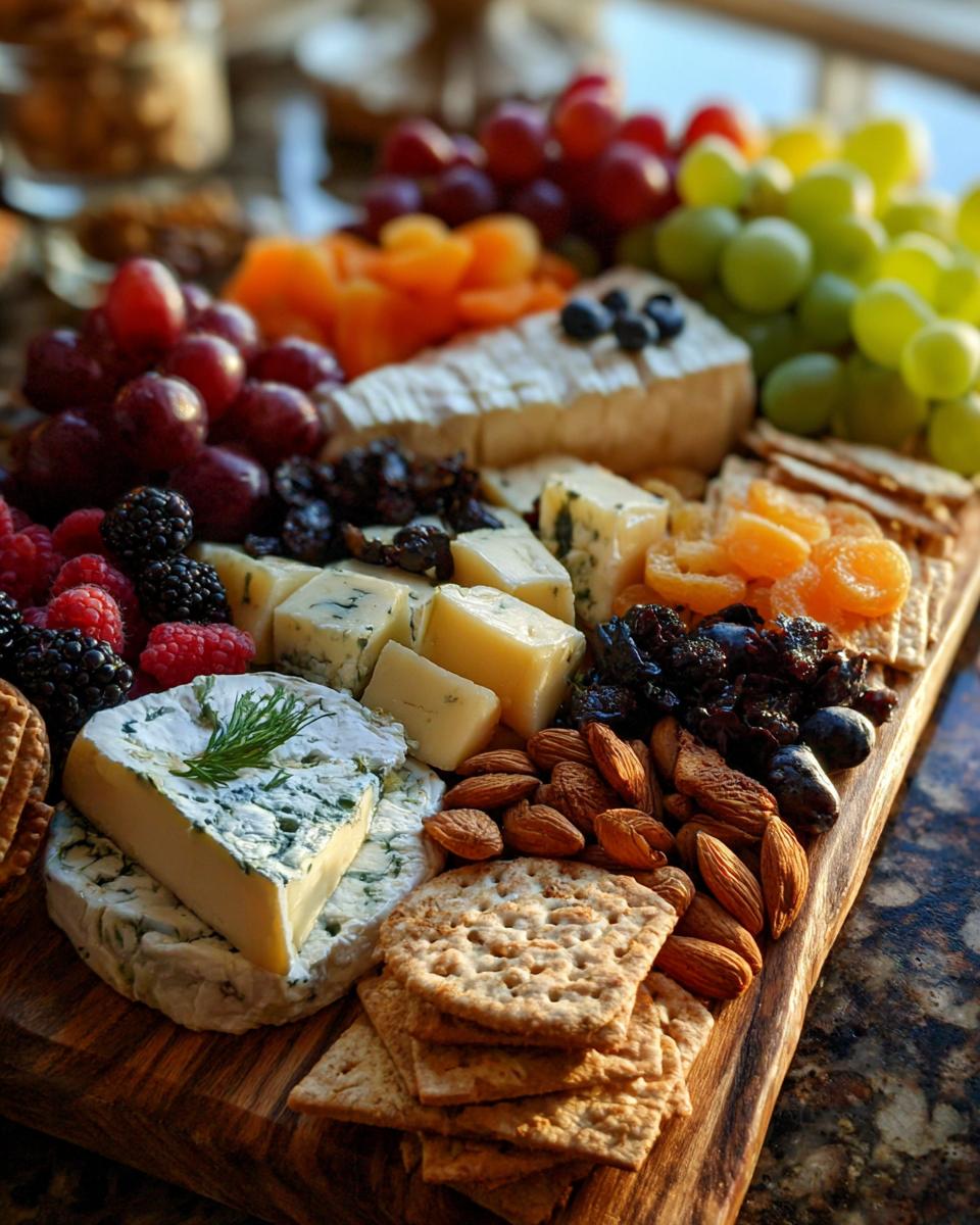 A close-up of a festive holiday cheese board featuring various cheeses, grapes, berries, dried apricots, almonds, and crackers.
