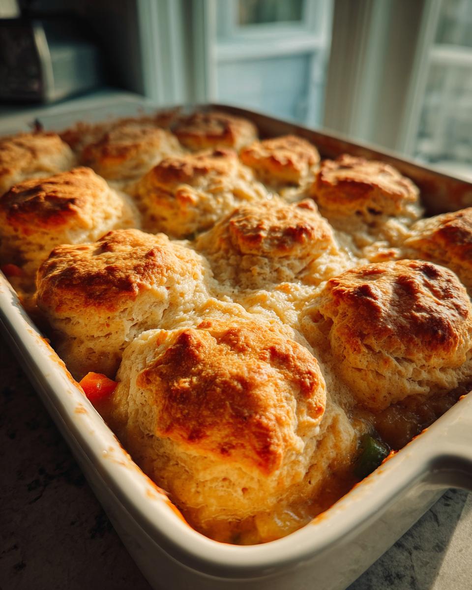 Overhead shot of a baked Flaky Biscuit Chicken Pot Pie in a white baking dish.