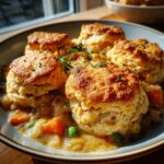 Close-up of a bowl of flaky biscuit chicken pot pie with golden biscuits, vegetables, and gravy.