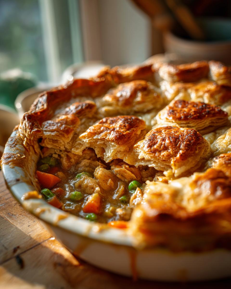 Close-up of a freshly baked Flaky Biscuit Chicken Pot Pie, showing flaky biscuits and filling.