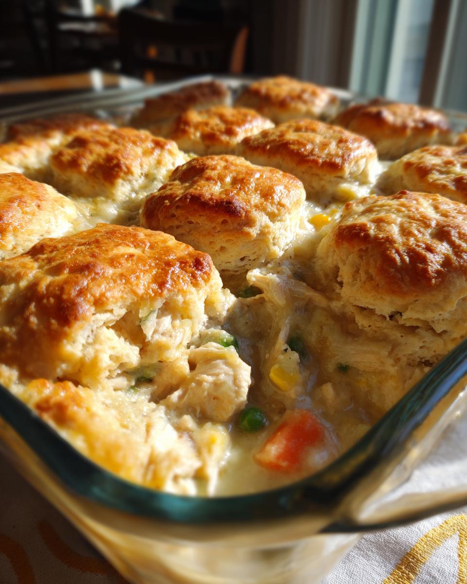 Close-up of a freshly baked Flaky Biscuit Chicken Pot Pie in a glass dish.